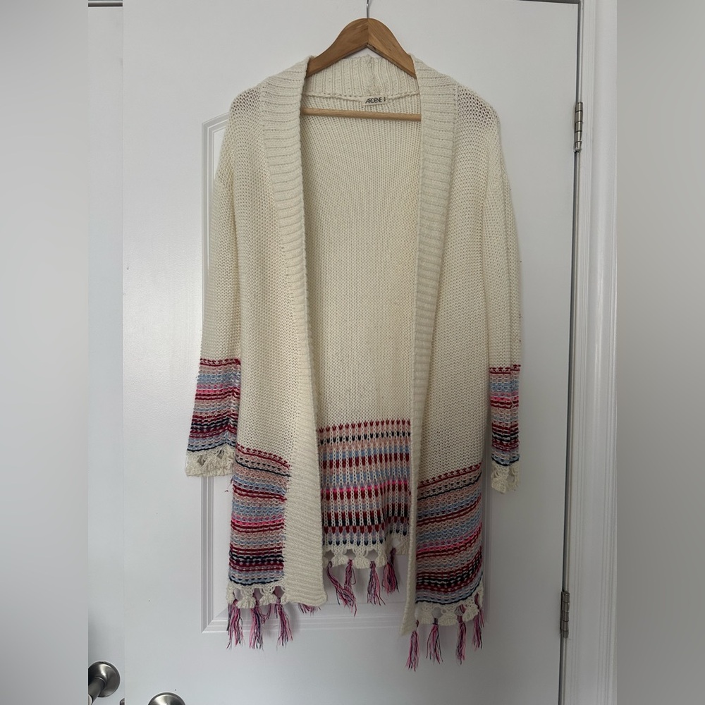 Ardene Cream Knit Cardigan with Tassels Boho Fringe Multicolor Striped - Picture 2 of 8